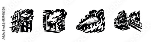 Firefighter and burning building black and white silhouette vector illustrations