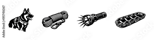 Rescue equipment icons with dog silhouette rope flashlight and evacuation stretcher in black and white vector style