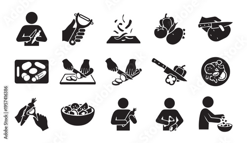 Illustrated icons depicting the stages of preparing and serving food