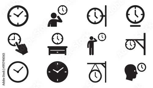 Various icons depicting different ways people interact with clocks and time