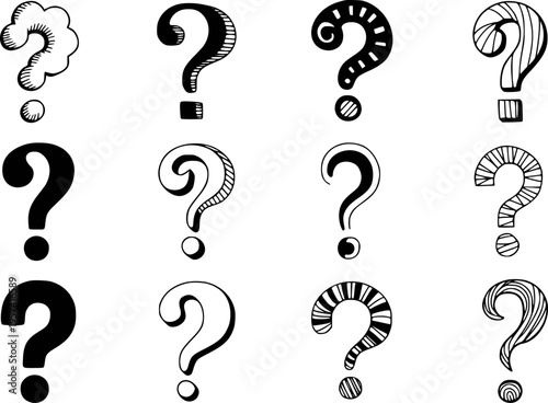Collection of hand drawn black and white question mark doodles with diverse styles and patterns