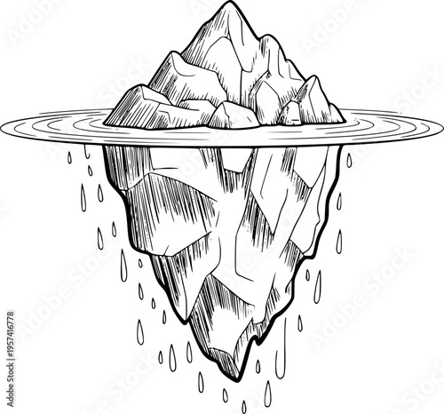 Hand drawn of a large iceberg with its submerged portion visible in water with dripping effect