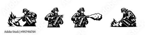 Firefighter silhouettes illustrations with extinguishers, black and white vector elements