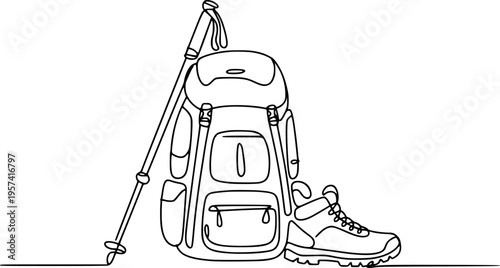 Minimalist black and white line of a hiking backpack trekking pole and boot