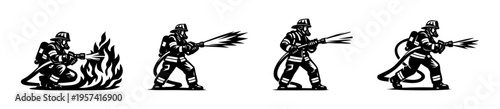 Firefighter illustration silhouette, heroic fireman clipart, black and white vector art