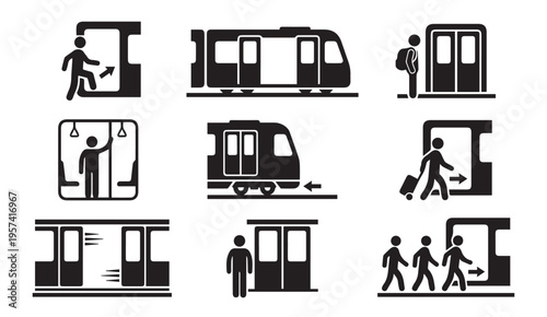 Illustrations of various public transportation boarding and safety procedures