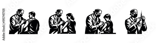 Black and white vector illustrations of medical professionals administering vaccines in various poses