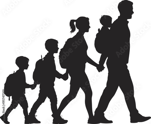 Family silhouette illustration, five figures walking together with backpacks and child carrier, parent and children theme, vector art, black isolated bold design