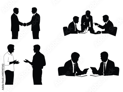 Business handshake silhouette set for negotiation meeting teamwork iconsBusiness handshake silhouette set for negotiation meeting teamwork icons