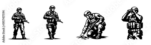 Military soldier silhouette vector set, black and white illustration of armed forces personnel