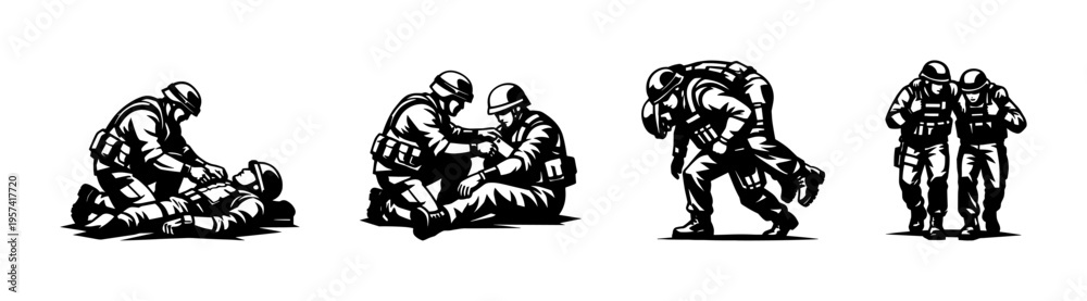 Fototapeta premium Soldiers silhouette in combat situations, military vector illustration, black and white clipart