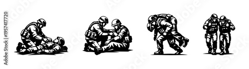 Soldiers silhouette in combat situations, military vector illustration, black and white clipart