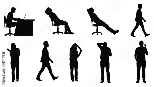 Business people silhouettes in various office poses and actions vector setBusiness people silhouettes in various office poses and actions vector set