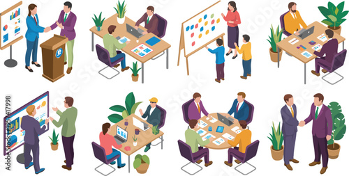 Isometric illustration of diverse teams collaborating in modern office settings showcasing teamwork communication and productivity in business environment