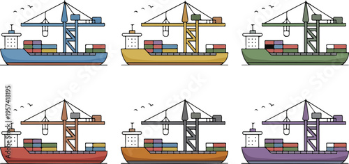Colorful illustration of container ships and port cranes in a busy harbor transporting goods and cargo vector designv