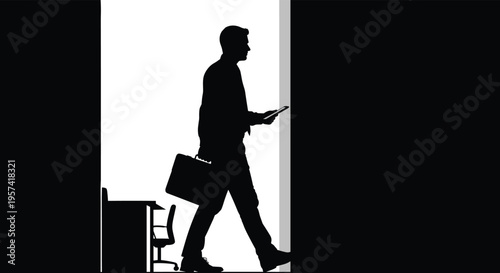 Businessman silhouette walking into office with briefcase and digital tabletBusinessman silhouette walking into office with briefcase and digital tablet