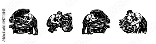 Black and white vector illustration of mechanic working on car with various tools and tasks