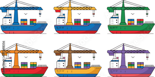 Colorful illustration of container ships and port cranes in a busy harbor transporting goods and cargo vector designv