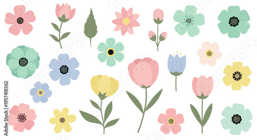 Colorful flowers in various shapes.