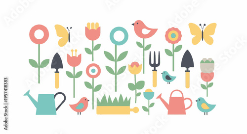 Colorful gardening tools and flowers icons.