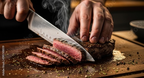A person slicing a steak on a wooden cutting board with a knife.