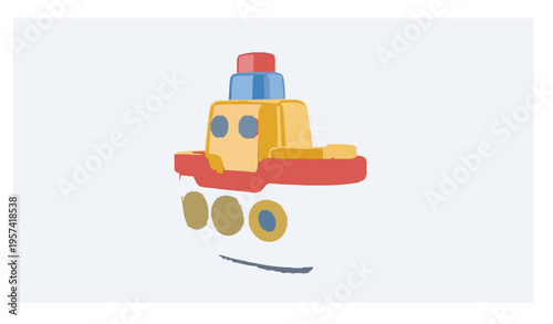 Toy ship 3D render colorful plastic boat perspective studio shot isolated on white background
