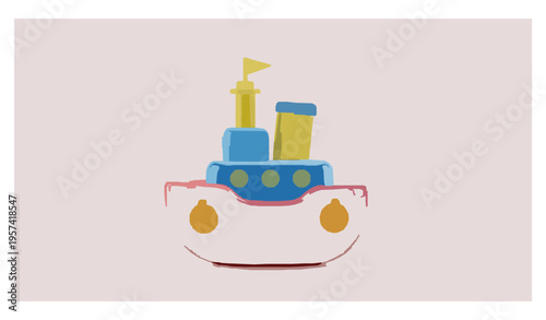 Toy ship 3D illustration colorful plastic boat studio shot isolated on white background