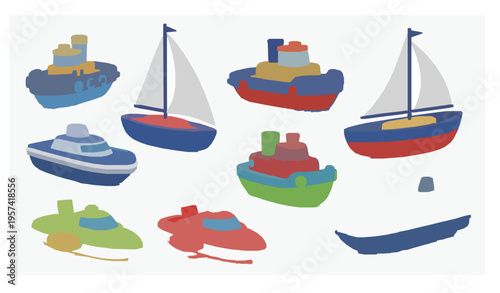 Toy ships 3D illustration set colorful plastic boats studio shot collection isolated on white background