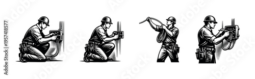 Electrician at work vector illustrations silhouette style black and white clipart