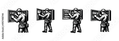 Vector silhouette illustration of electrician working with control panel
