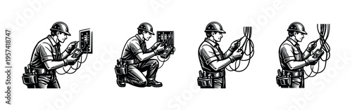 Electrician working on wiring vector illustration set black and white silhouettes