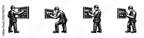 Electrician working with control panels illustration, silhouette style