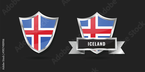 High-quality 3D metallic shield and ribbon featuring the national flag of Iceland, perfect for Nordic travel, arctic branding, and patriotic identity icons.