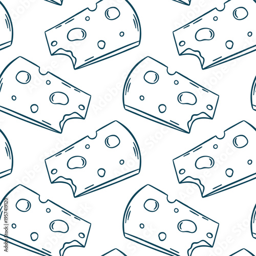 Mediterranean blue line doodle pattern featuring rows of sliced cheese with holes. Minimalist dairy repeat for deli branding, cafe wallpaper or sandwich shop packaging