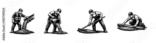 Construction worker silhouettes in black and white vector style performing various tasks
