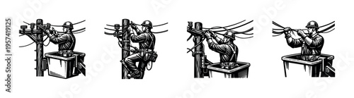 Vector illustration of electrical line workers on utility poles in black and white