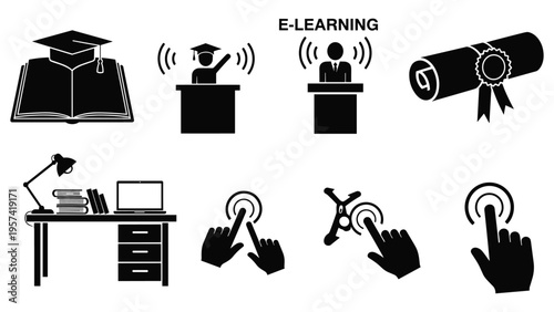 E-learning icons for online education graduation diploma virtual classroom and digital academic study workspace set