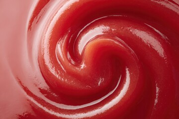 Closeup glossy ketchup swirl texture tomato sauce condiment spiral macro red viscous smooth shiny appetizing food background rich luscious