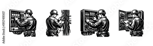 Industrial worker silhouette vector, technicians inspecting electrical panels, black and white illustration