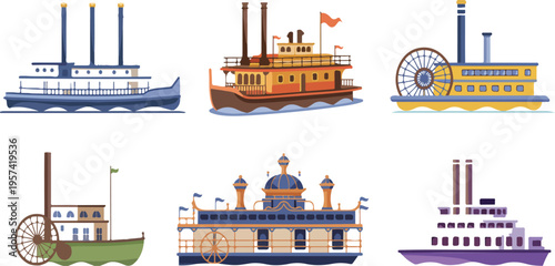 Colorful illustration depicting a collection of vintage paddlewheel riverboats sailing on rivers in classic vector style