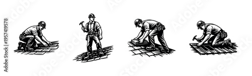 Black and white vector illustration of construction workers installing roofing tiles
