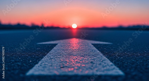 A white arrow points towards a vibrant sunset on a wet road