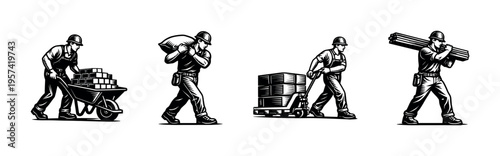 Construction worker silhouettes black and white vector illustrations with equipment and tools