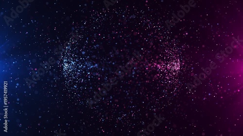 Glowing particle sphere forming a dynamic abstract shape with blue and pink tones on dark background. Futuristic animation ideal for technology, data visualization, and modern digital visuals.
