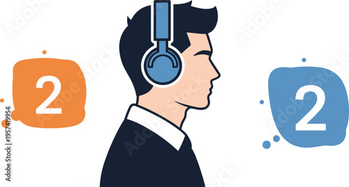 Headphones profile vector showing stereo balance with numbered blobsHeadphones profile vector showing stereo balance with numbered blobs