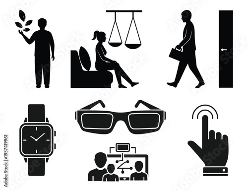 Healthy lifestyle silhouettes for daily routine wearable technology balance and professional personal growth concepts