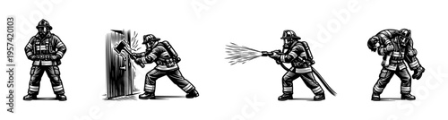 Vector illustration of firefighters in action depicted in detailed black and white silhouettes