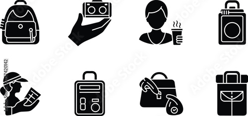 Lifestyle and travel flat glyph icon set for vacation and daily commute vectorLifestyle and travel flat glyph icon set for vacation and daily commute vector