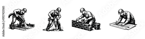 Construction worker illustration set, black and white vector art, silhouette elements