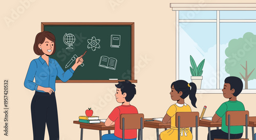 Teacher instructing diverse students at desks in a bright classroom with a blackboard